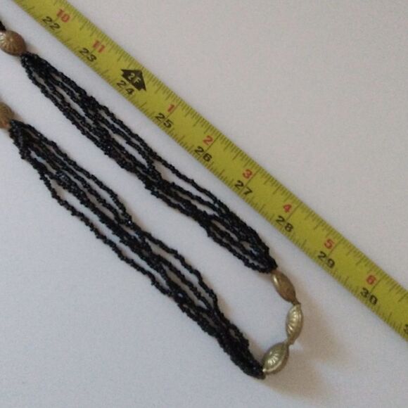 Multi Strand Beaded Necklace LONG 60" Black Seed Beads Brass Colored Stations - Picture 2 of 16